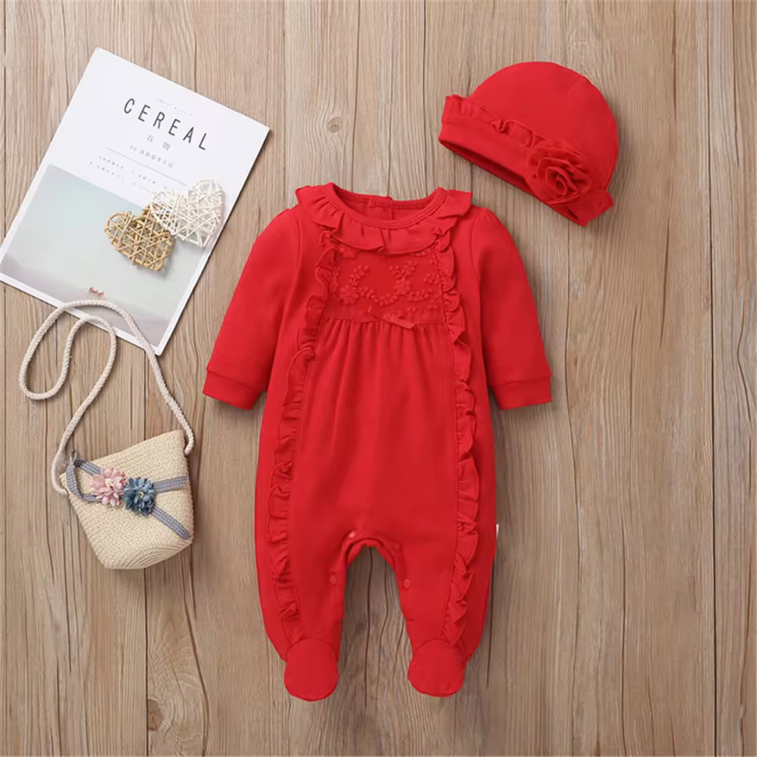 Newborn Baby Girl Long Sleeve Romper with Matching Hat