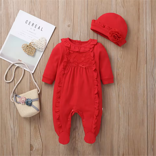 Newborn Baby Girl Long Sleeve Romper with Matching Hat
