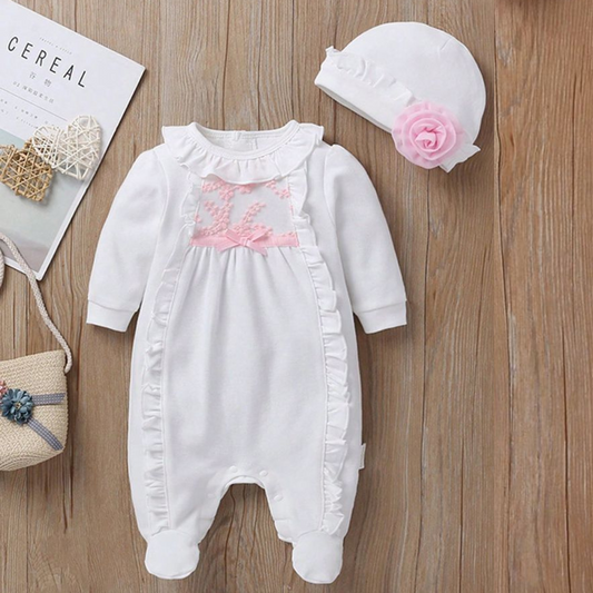 Newborn Baby Girl Long Sleeve Romper with Matching Hat