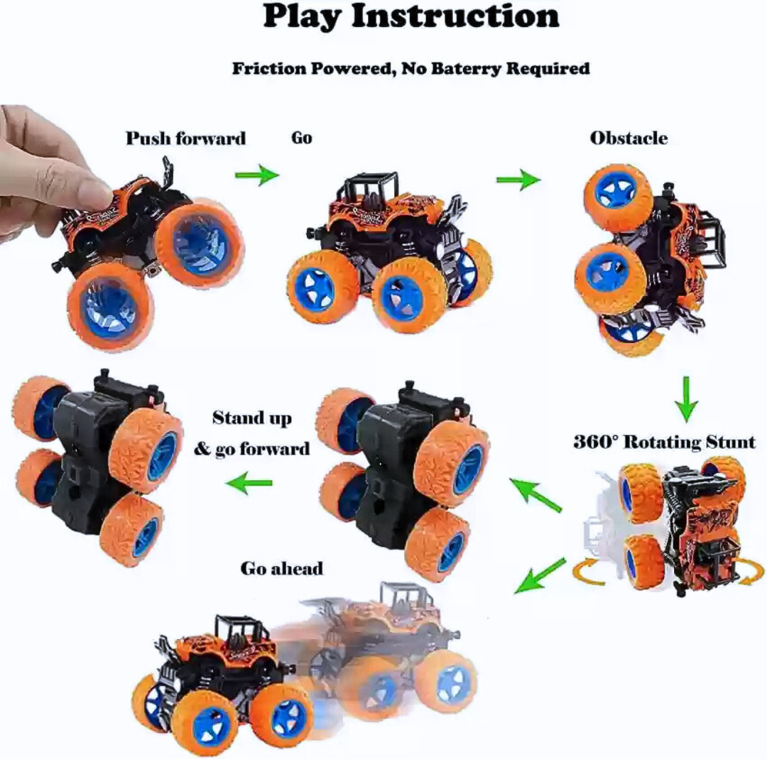 360° Rotating Stunt Toy Cars – Push & Go Friction Powered Monster Trucks for Kids