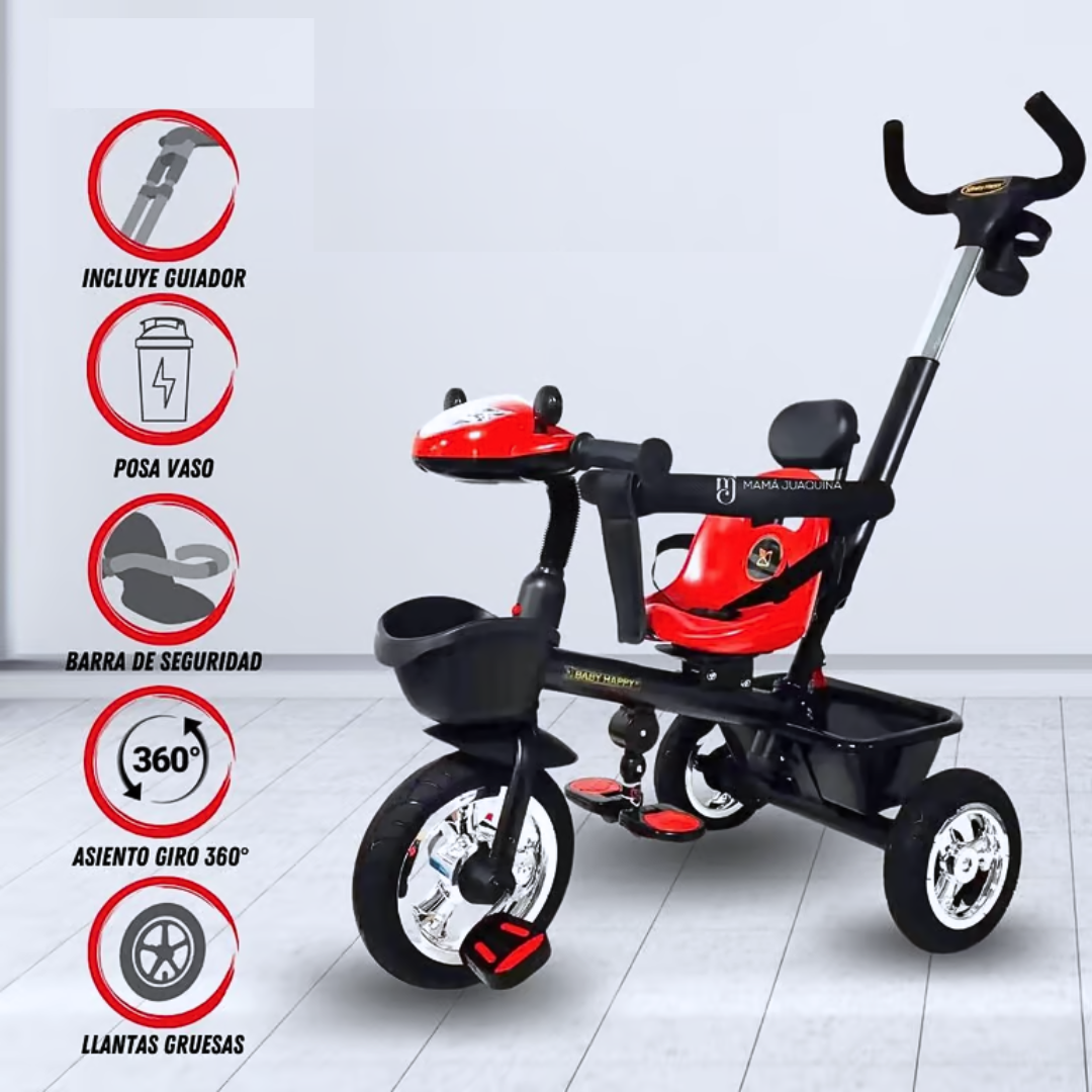 Kids Tricycle with Parent Push Handle – 3-in-1 Baby Trike with Safety Belt, Backrest & Storage Basket (Red & Black)