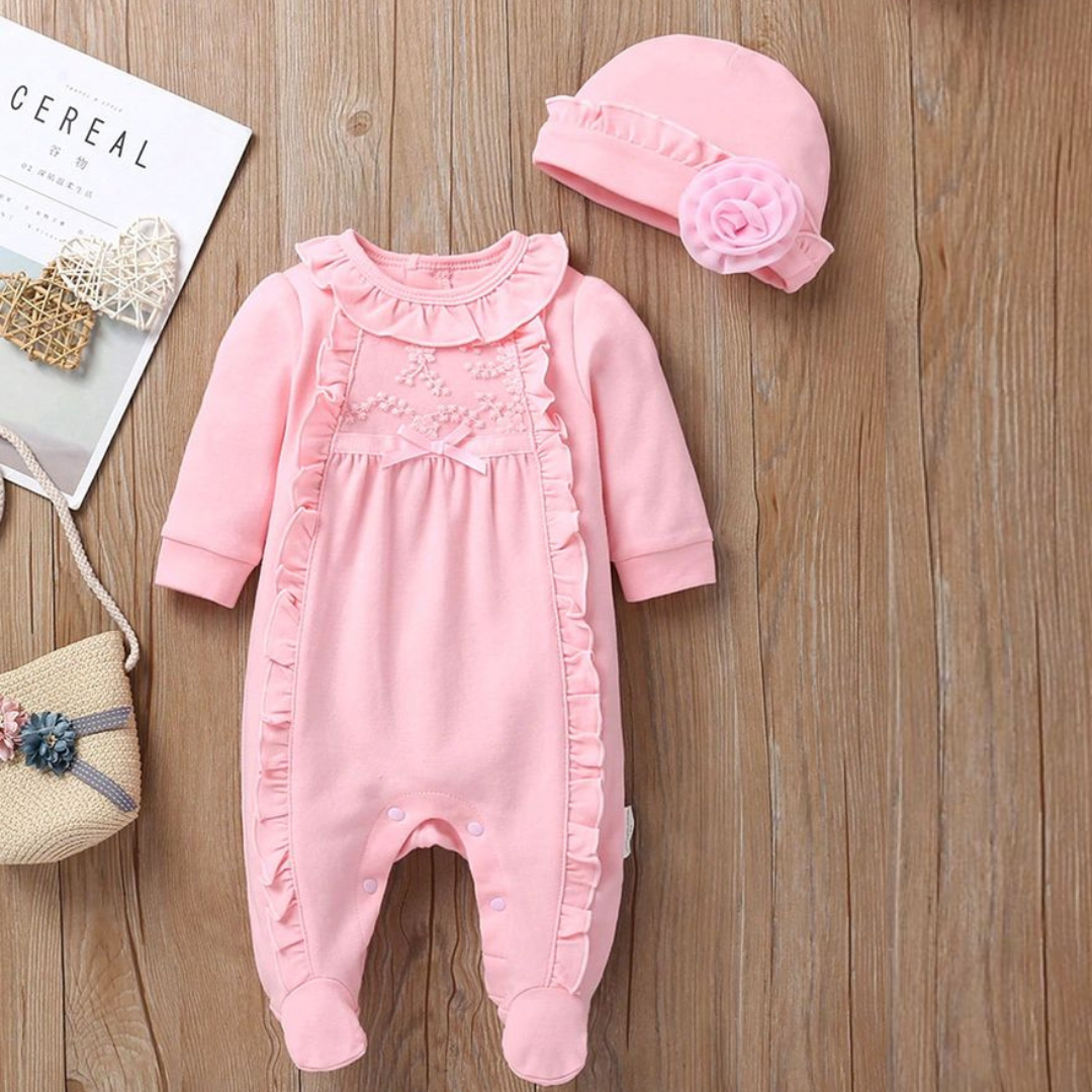 Newborn Baby Girl Long Sleeve Romper with Matching Hat