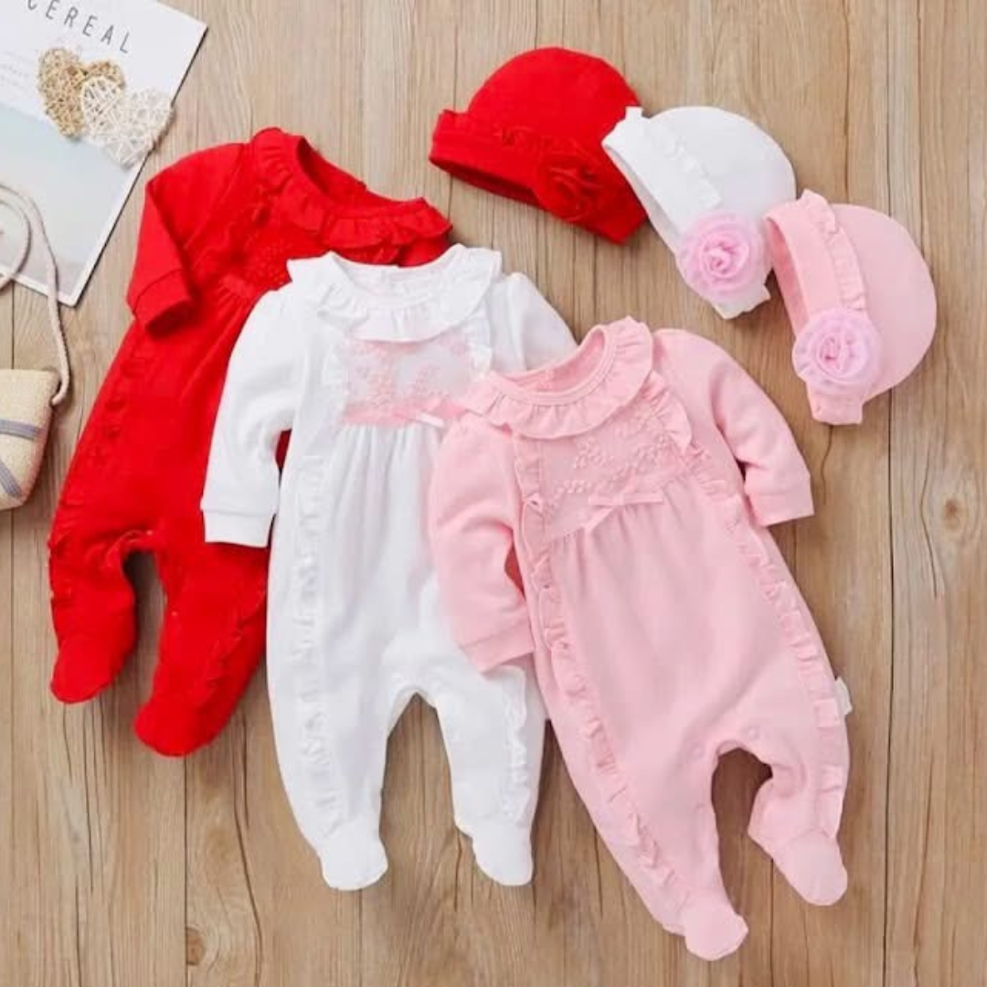 Newborn Baby Girl Long Sleeve Romper with Matching Hat