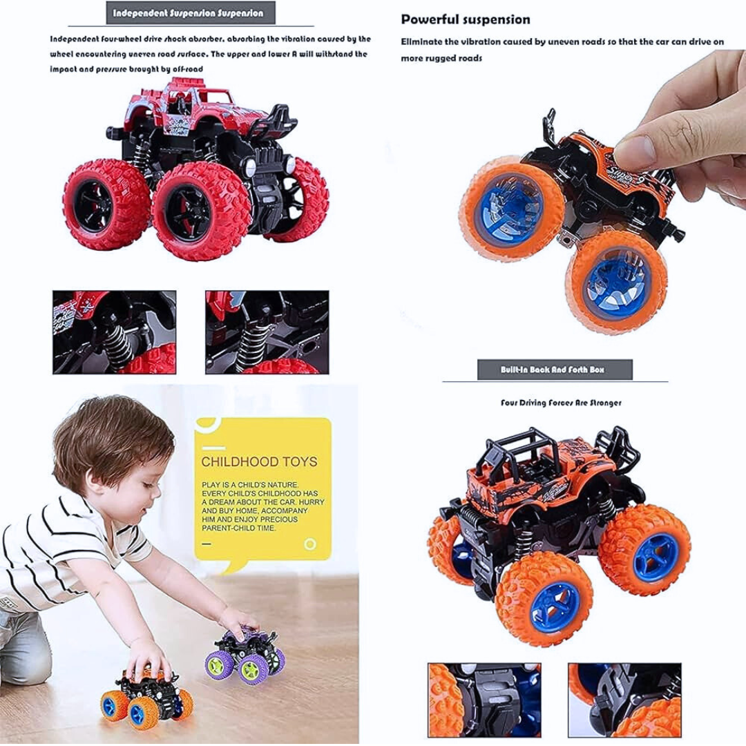 360° Rotating Stunt Toy Cars – Push & Go Friction Powered Monster Trucks for Kids