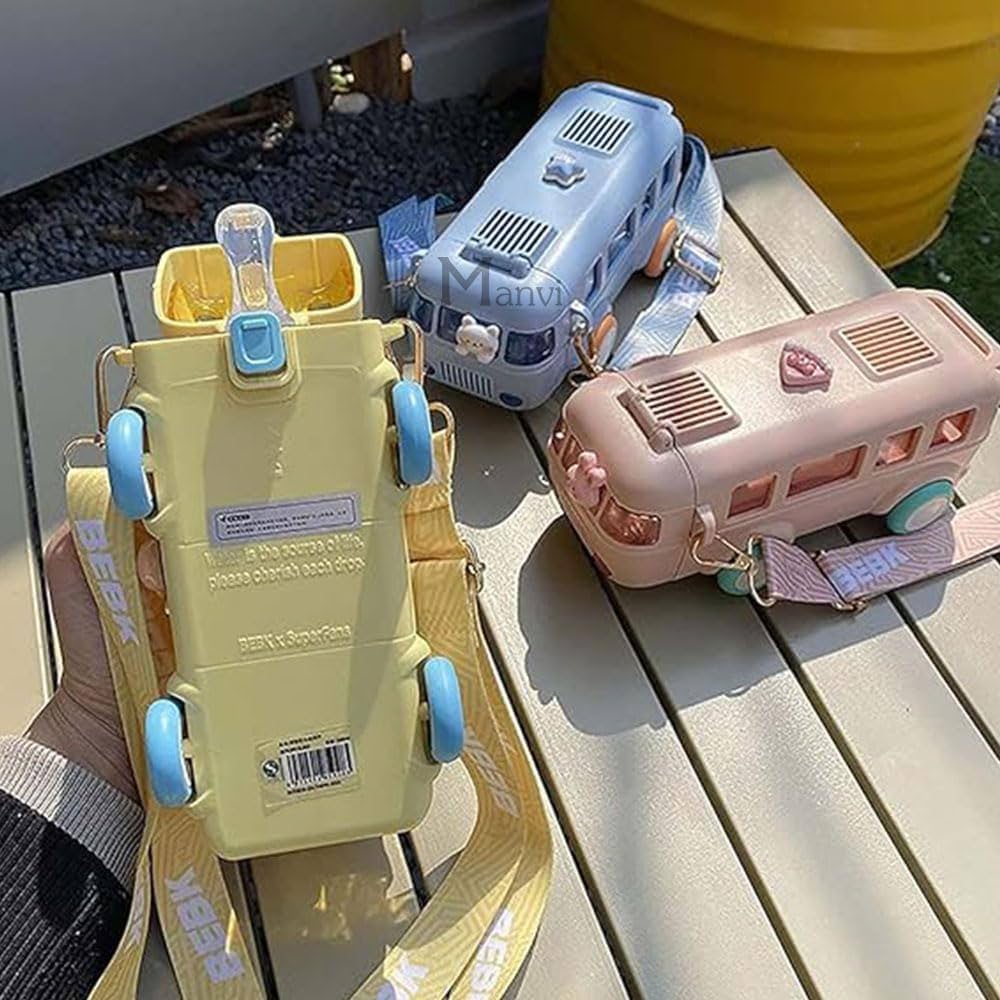 Kids Bus Shape Water Bottle with Straw – Portable Cartoon Bus Drinking Bottle for Children