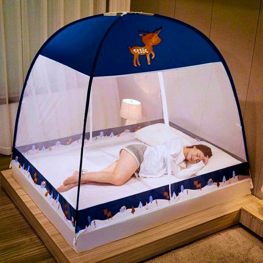 Foldable Mosquito Net Tent for Bed – Pop-Up Canopy with Reindeer Winter Theme (Double/Queen Size)