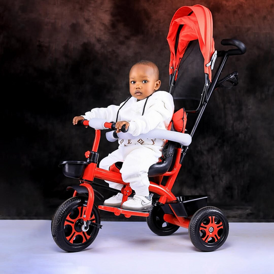 Kids Tricycle with Parent Push Handle – 3-in-1 Baby Trike with Safety Belt, Backrest & Storage Basket (Red & Black)