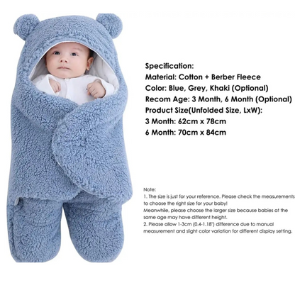 Baby Swaddle Blanket with Bear Ear Hood – Warm Fleece Wrap Sleeping Bag for Newborns