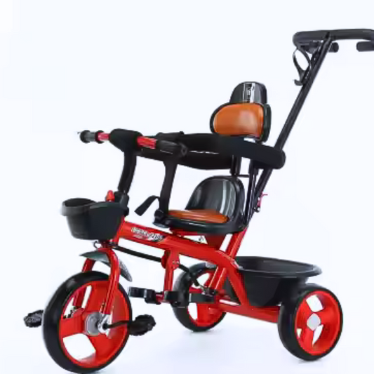 Kids Tricycle with Parent Push Handle – 3-in-1 Baby Trike with Safety Belt, Backrest & Storage Basket (Red & Black)