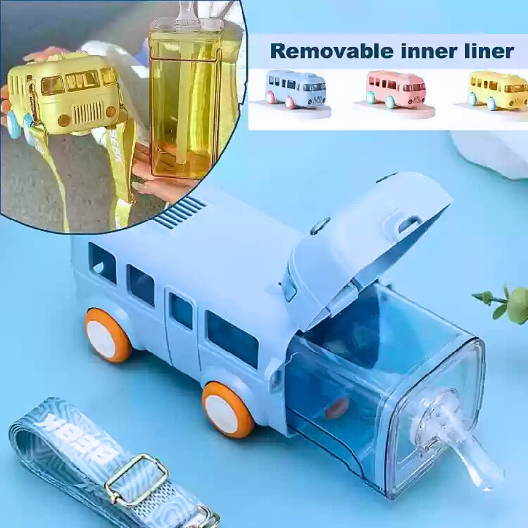 Kids Bus Shape Water Bottle with Straw – Portable Cartoon Bus Drinking Bottle for Children