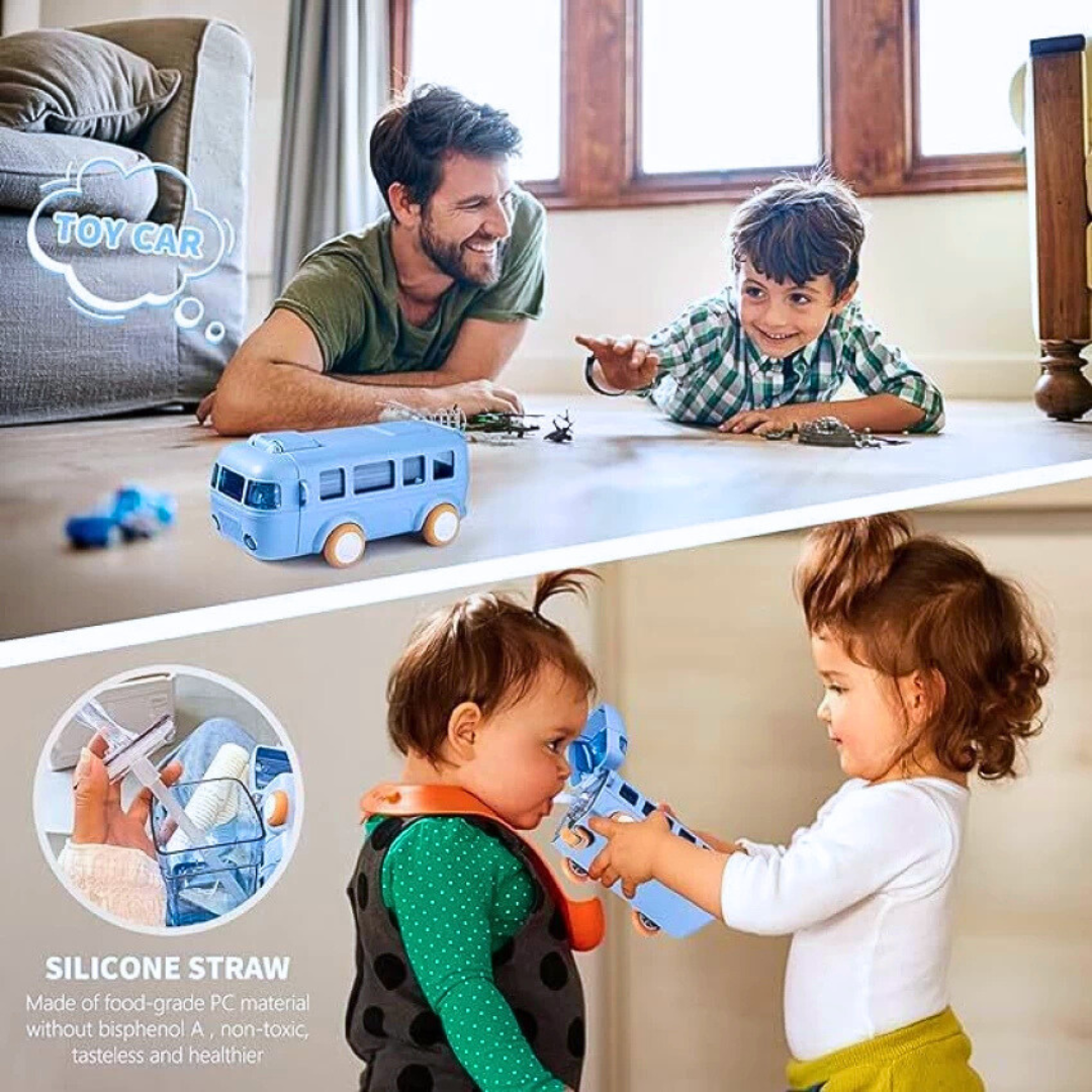 Kids Bus Shape Water Bottle with Straw – Portable Cartoon Bus Drinking Bottle for Children