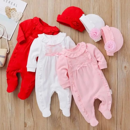 Newborn Baby Girl Long Sleeve Romper with Matching Hat
